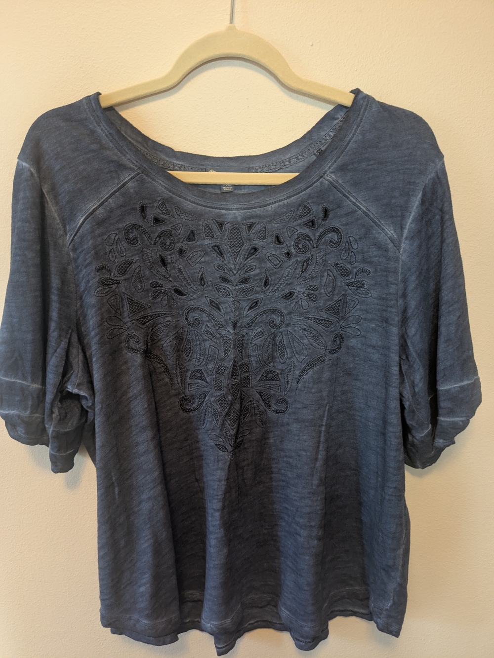 Women's Washed Indigo Embroidered Scoop Neck Top